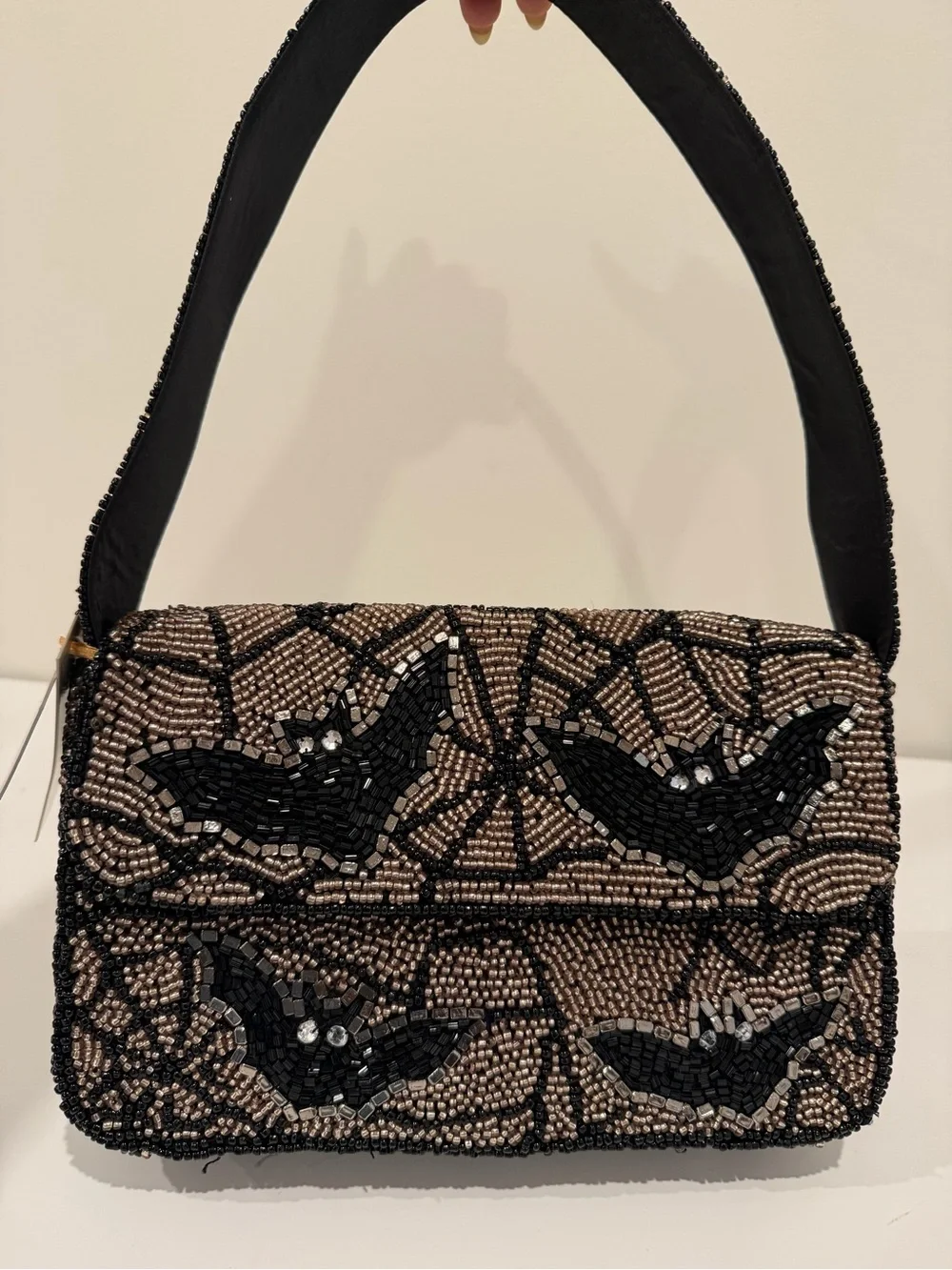 Beaded Bat Motif Shoulder Bag in Black and Champagne